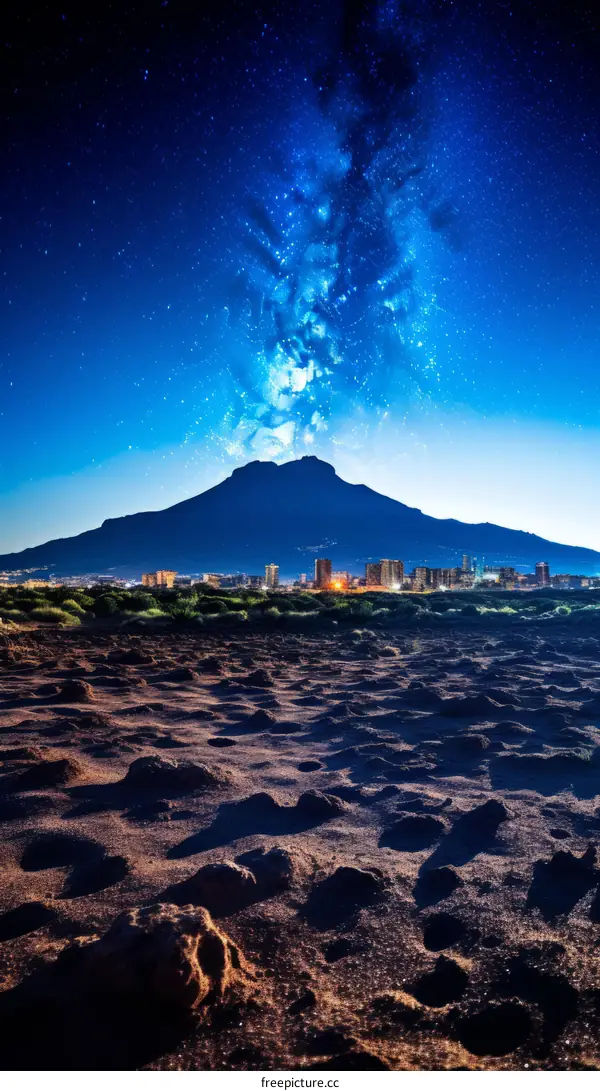 Night sky over mountains and city lights