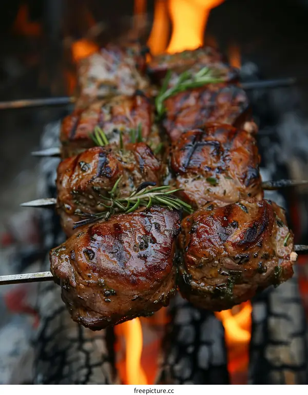 Beef tenderloin skewers with rosemary and spices grilled on an open fire
