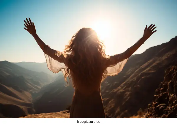 Woman standing on a mountaintop with her arms outstretched