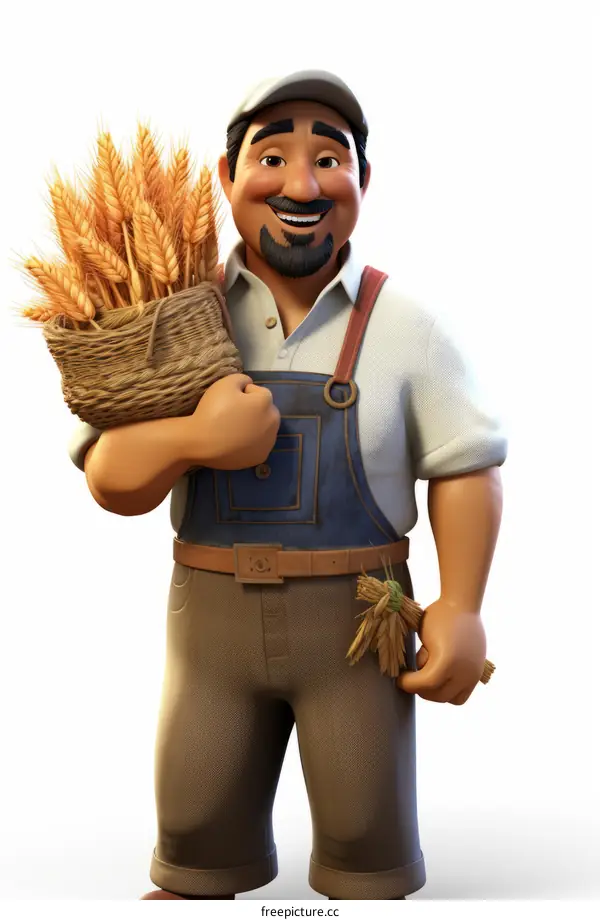 Happy farmer holding a basket of wheat