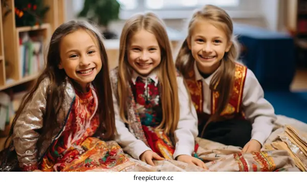 Three young girls in colorful traditional dresses smile at the camera