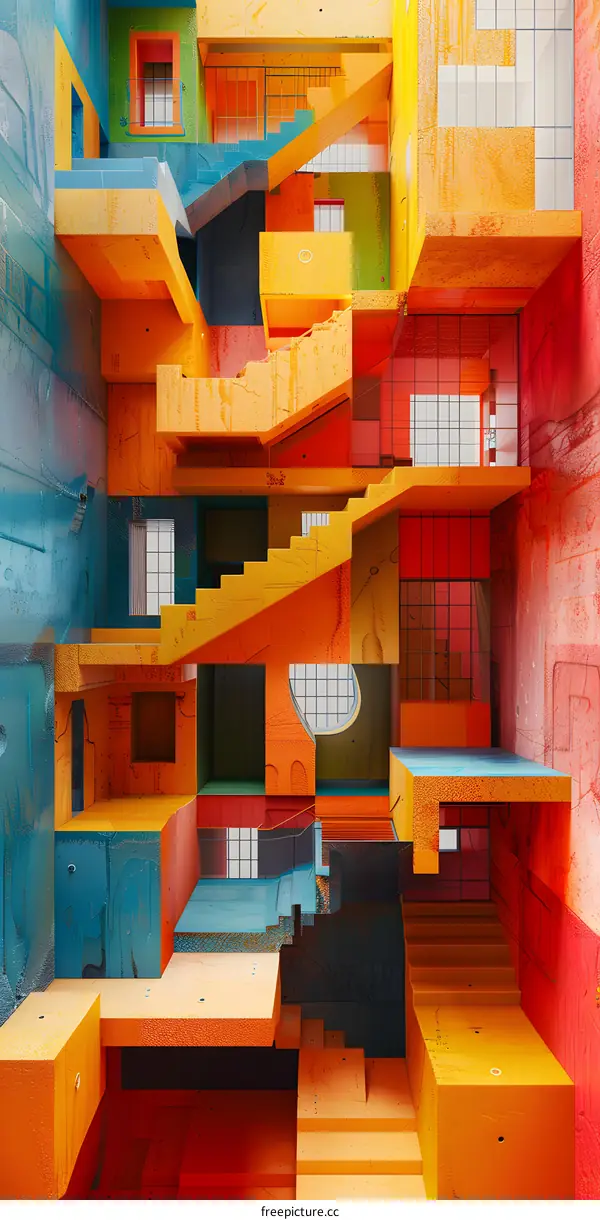 Abstract Colorful Interior Design with Geometric Shapes and Stairs