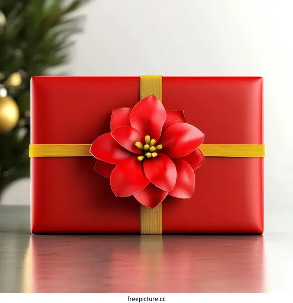 Red Gift Box with Poinsettia Decoration