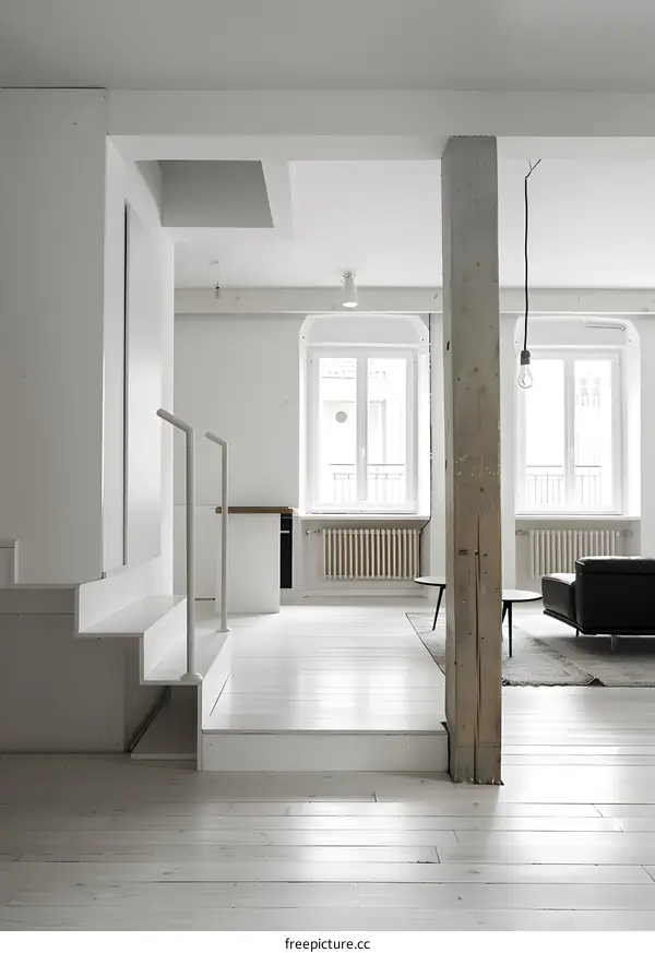 White Interior Design With Wooden Beam and Stairs