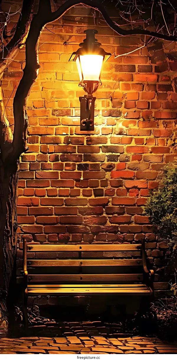 Brick Wall With A Wooden Bench And A Lamp Post At Night