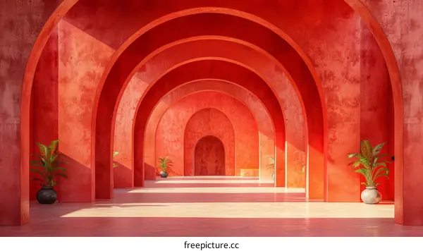 Red Archway with Plants and Minimalist Design