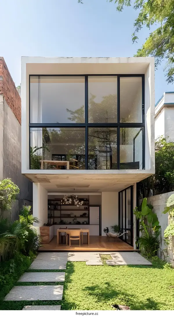 Modern Minimalist House with Large Glass Windows and Green Garden