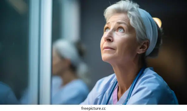 Portrait of a thoughtful senior female doctor looking up