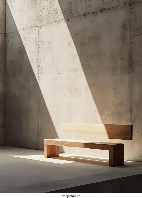 Modern Wooden Bench in Minimalist Concrete Interior with Sunlight