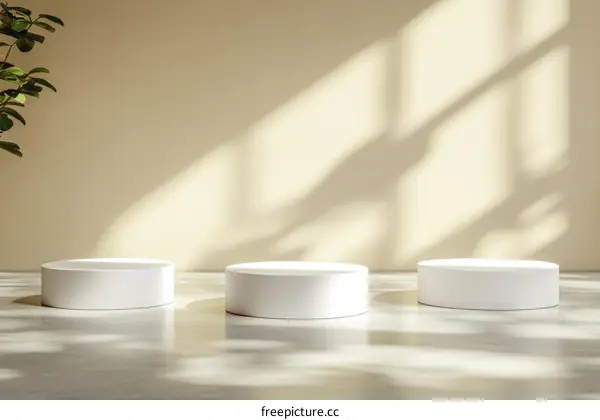 Minimalist Product Display with Three White Cylindrical Pedestals