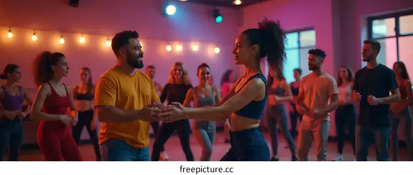 Couple Dancing Salsa in Studio with Group of People