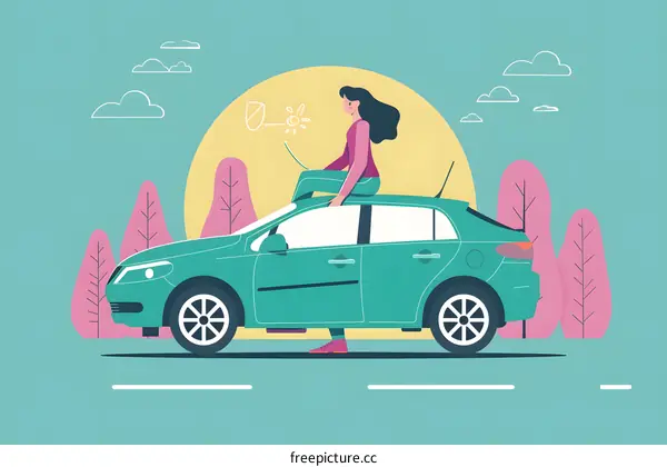 Woman Sitting On Green Car Illustration