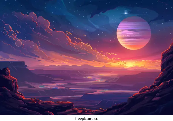 An illustration of a canyon landscape with a large moon or planet in the sky.