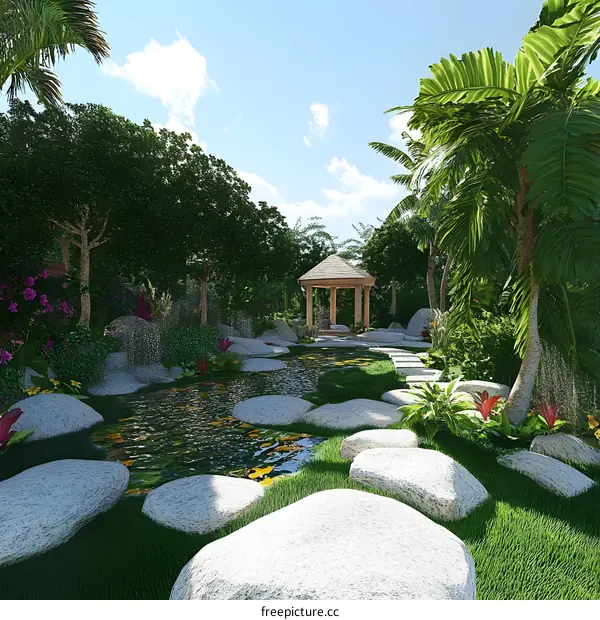 Tropical Garden with Wooden Gazebo and Stone Pathway