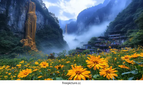 Majestic Mountains Waterfall Flowers and Village in China