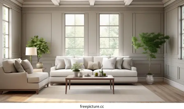 Elegant living room interior with sofa, rug, coffee table, plants and windows