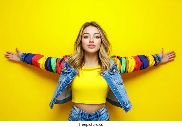 Trendy Woman in Colorful Jacket Against Yellow Background