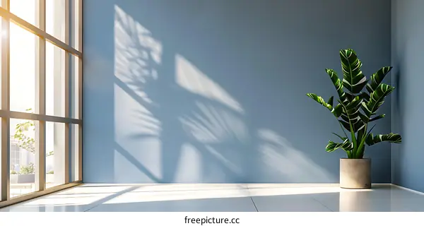 Blue Wall With Sunlight And Plant