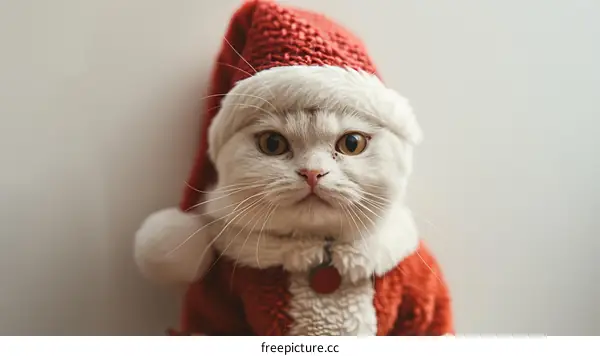 A cute white cat wearing a red Santa hat is looking at the camera