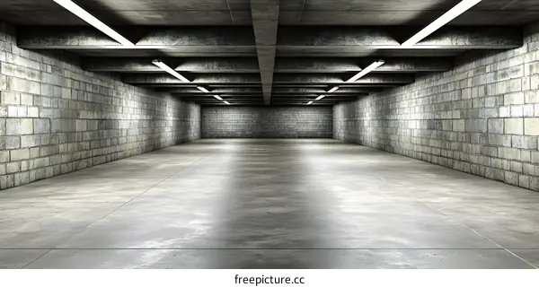 Empty Concrete Tunnel with Fluorescent Lights