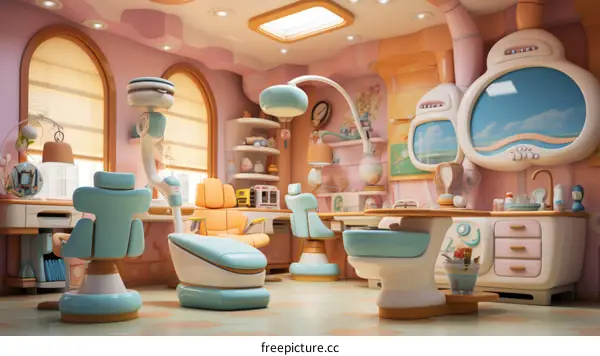 A dentist's office with a pink and blue theme
