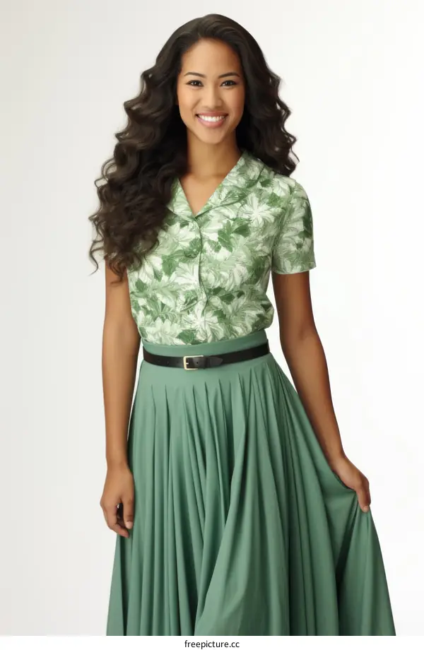 A young woman with brown hair and brown eyes wearing a green blouse and a long pleated skirt
