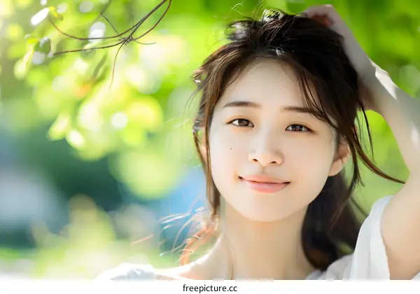 Beautiful Asian Woman with Green Bokeh Background