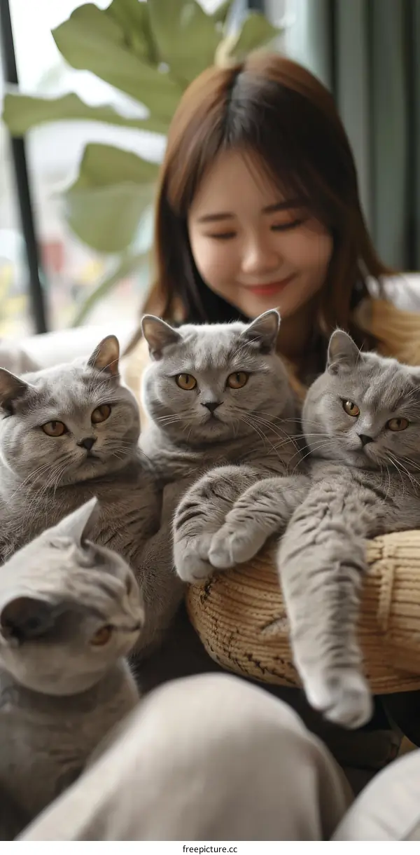 A young woman is sitting on a couch with three British Shorthair cats.