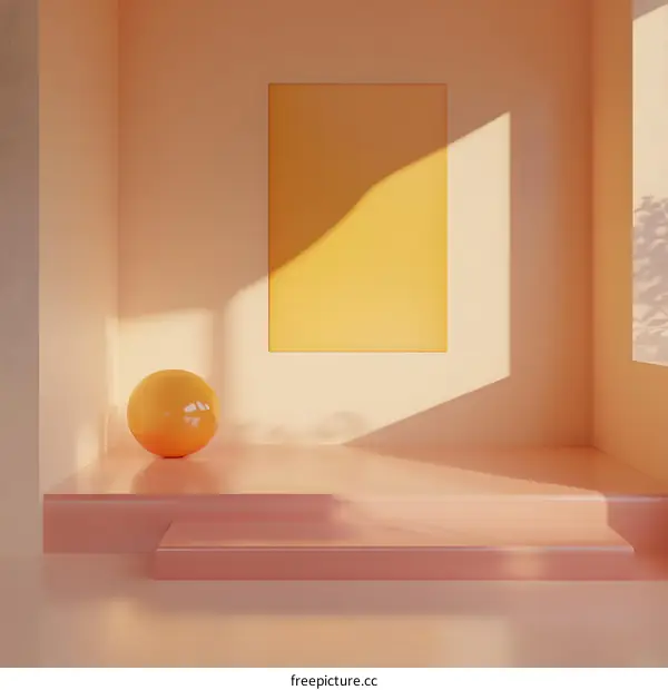 Minimalist 3D Rendering of a Yellow Sphere on Pink Steps with a Blank Yellow Poster