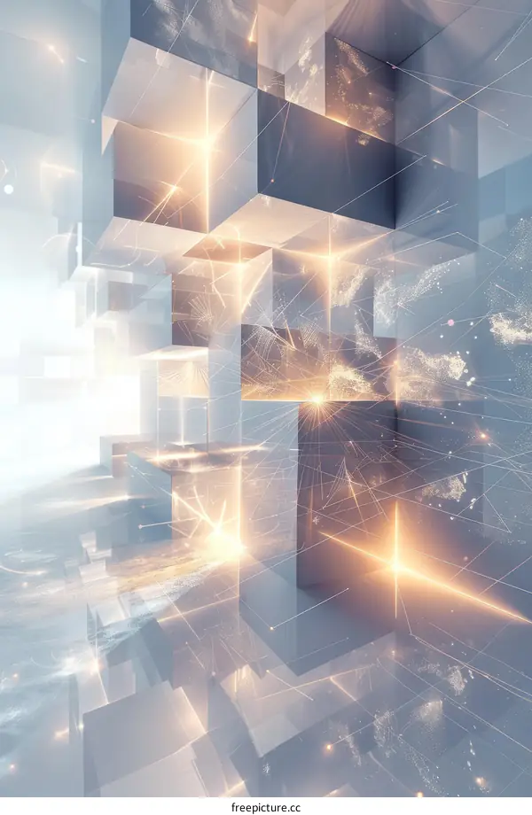 Abstract 3D rendering of glowing cubes and particles