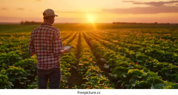 Agronomist using digital tablet in the field at sunset