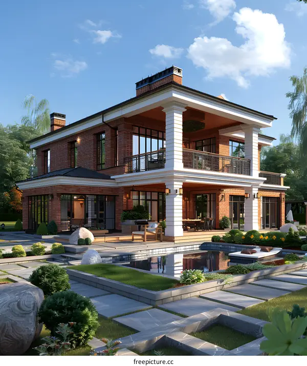 Modern two-story house with brick exterior and large windows