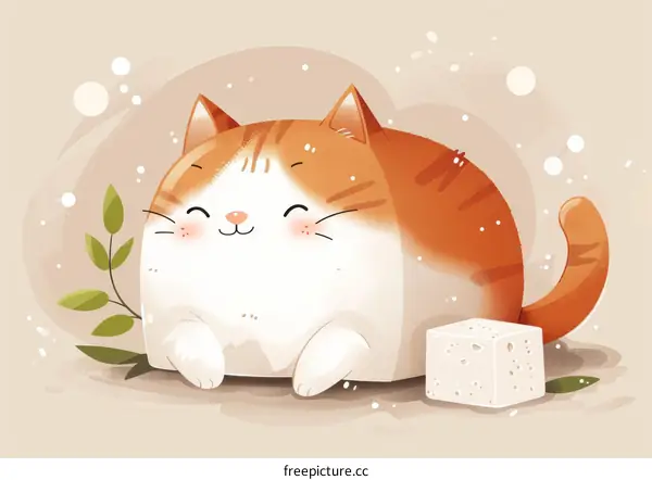 A cute cartoon cat sitting next to a sugar cube