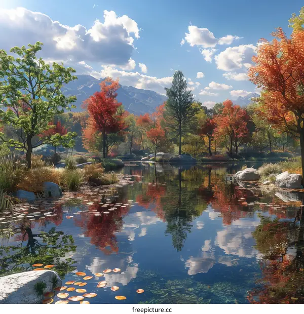 Colorful Foliage and Mountains Reflected in a Still Lake