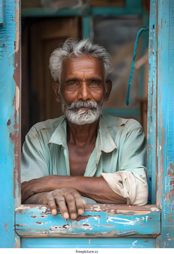 portrait of an old man in a blue window frame