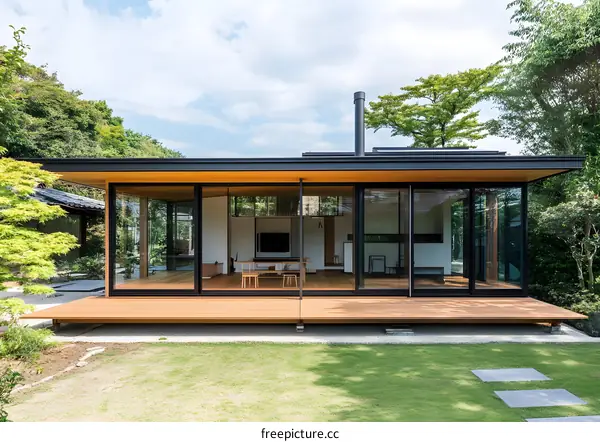 Modern Japanese Home with Large Glass Windows and Wooden Deck