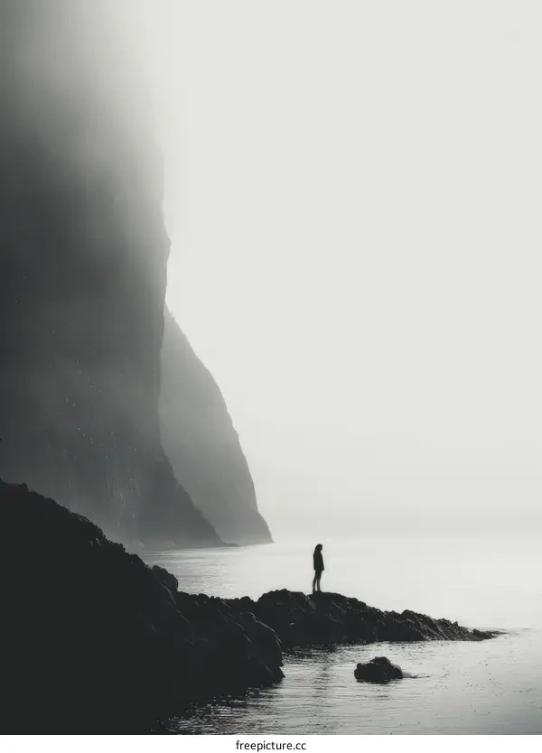 Lonely figure stands on rocky shore of misty fjord