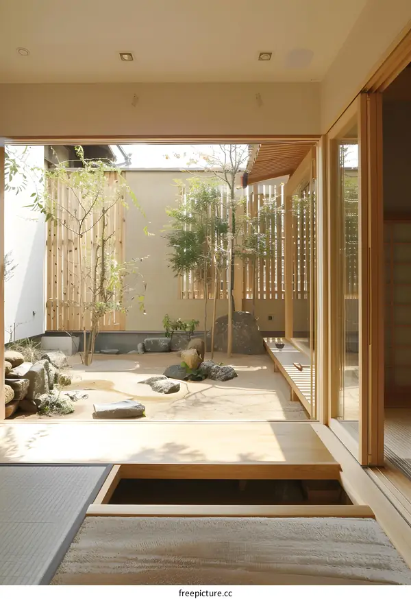 Japanese Garden Design With Wooden Floor And Stone Pathway