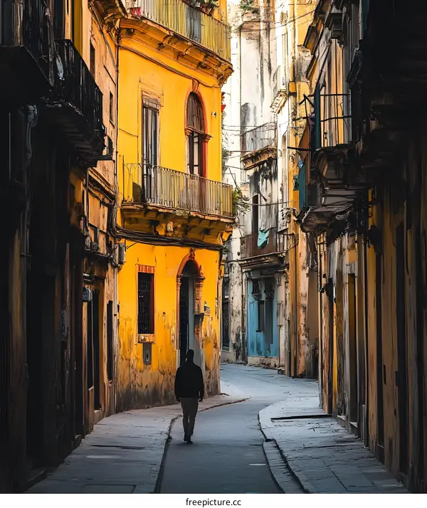 Solitary Figure Walking Down a Narrow Street in Italy