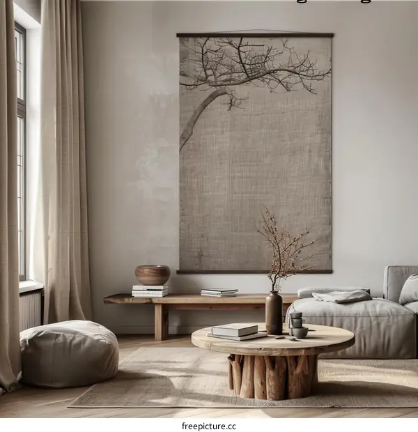 A minimalist living room with a large tree tapestry