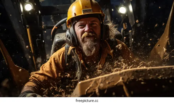 Portrait of a male construction worker wearing a hard hat and safety goggles, and he is covered in dirt and sawdust