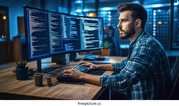 Focused Programmer at Work in Modern Office