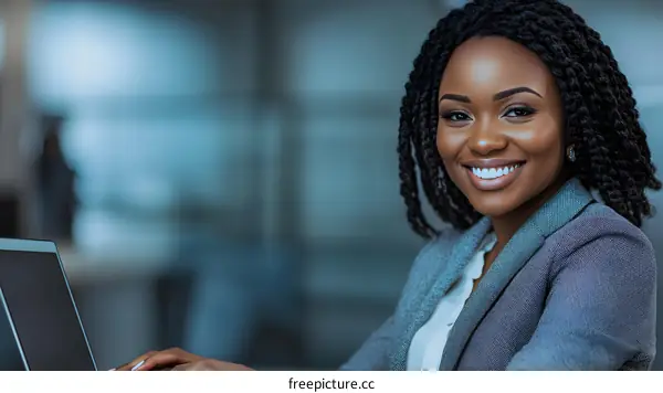 African American Business Woman Working On Laptop In Office
