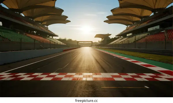 Sunlit race track with empty grandstands and checkered finish line