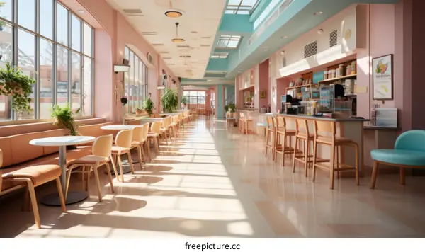 Retro cafeteria with pink and blue pastel colors and large windows