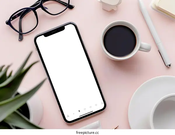 Blank Phone Screen with Coffee and Pen on Pink Table