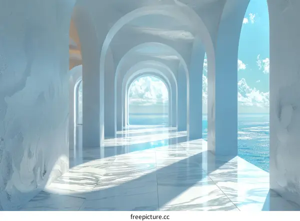 Curved Futuristic Hallway with Ocean View