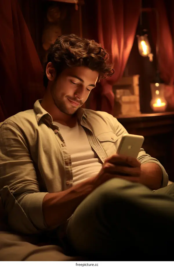 A young man is sitting on a bed and looking at his phone.