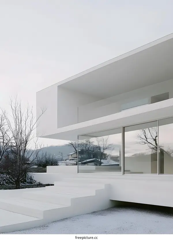 Modern White House with Glass Windows and Stairs