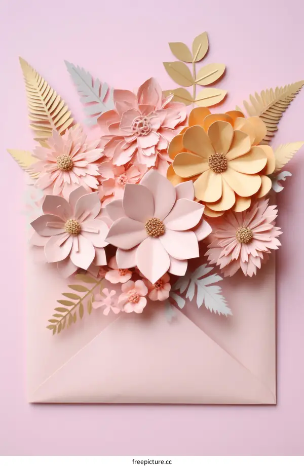 Pink paper flowers bouquet in an envelope on a pink background